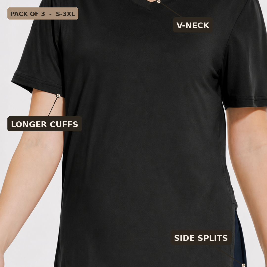 Selena V-neck tee key features: V-neck, longer cuffs and side splits — pack of 3, sizes S to 3XL