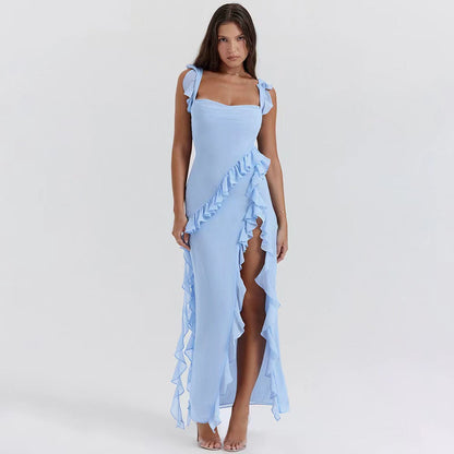 Ariela Maxi Dress – Georgette, Ruffled Straps & Side Slit