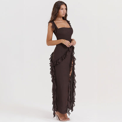 Ariela Maxi Dress – Georgette, Ruffled Straps & Side Slit