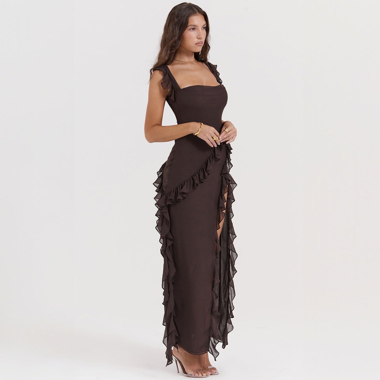 Ariela Maxi Dress – Georgette, Ruffled Straps & Side Slit