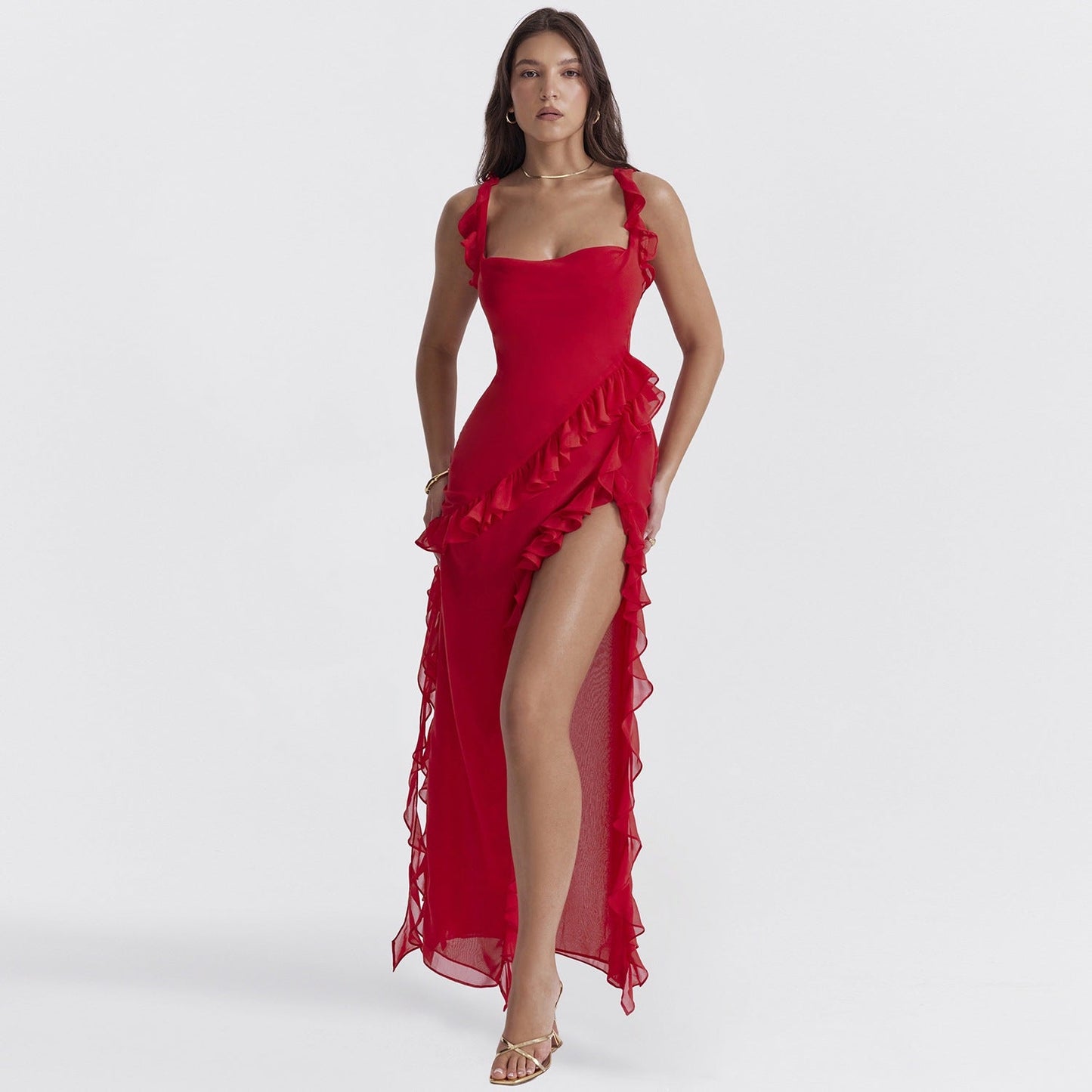 Ariela Maxi Dress – Georgette, Ruffled Straps & Side Slit