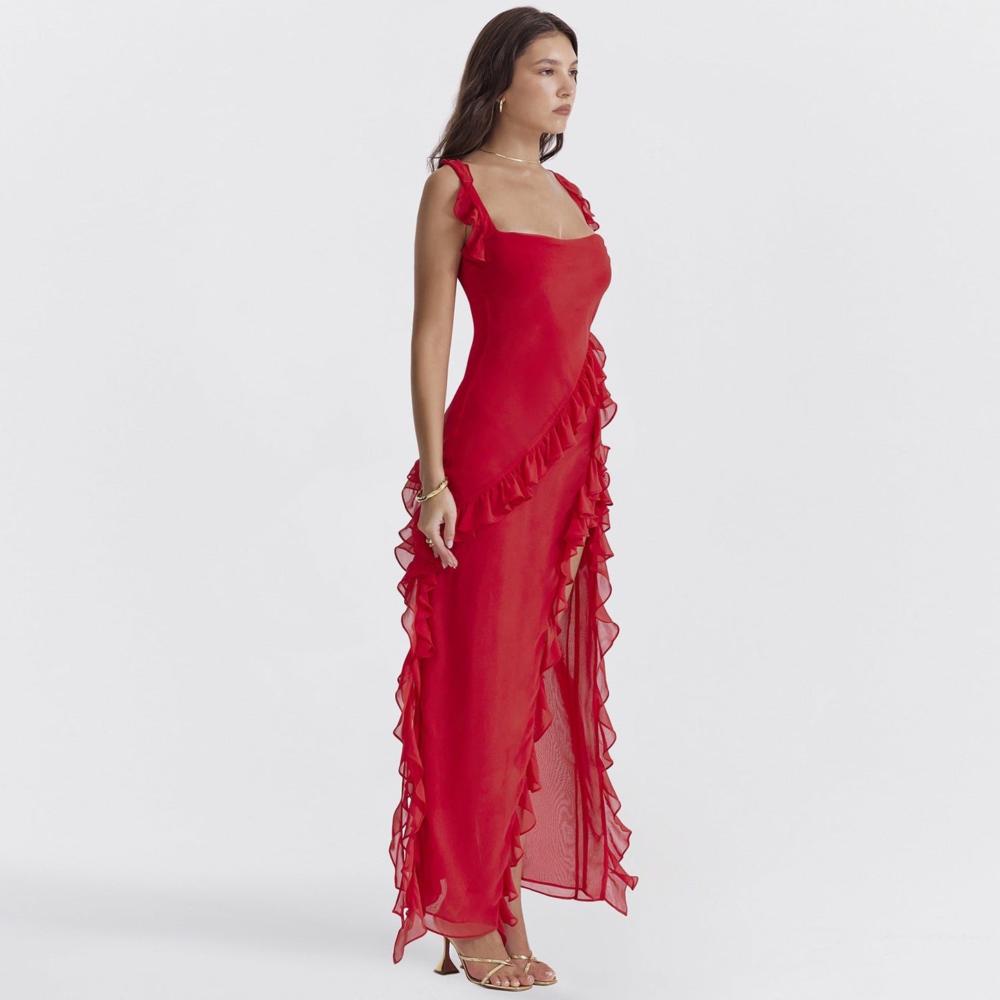 Ariela Maxi Dress – Georgette, Ruffled Straps & Side Slit