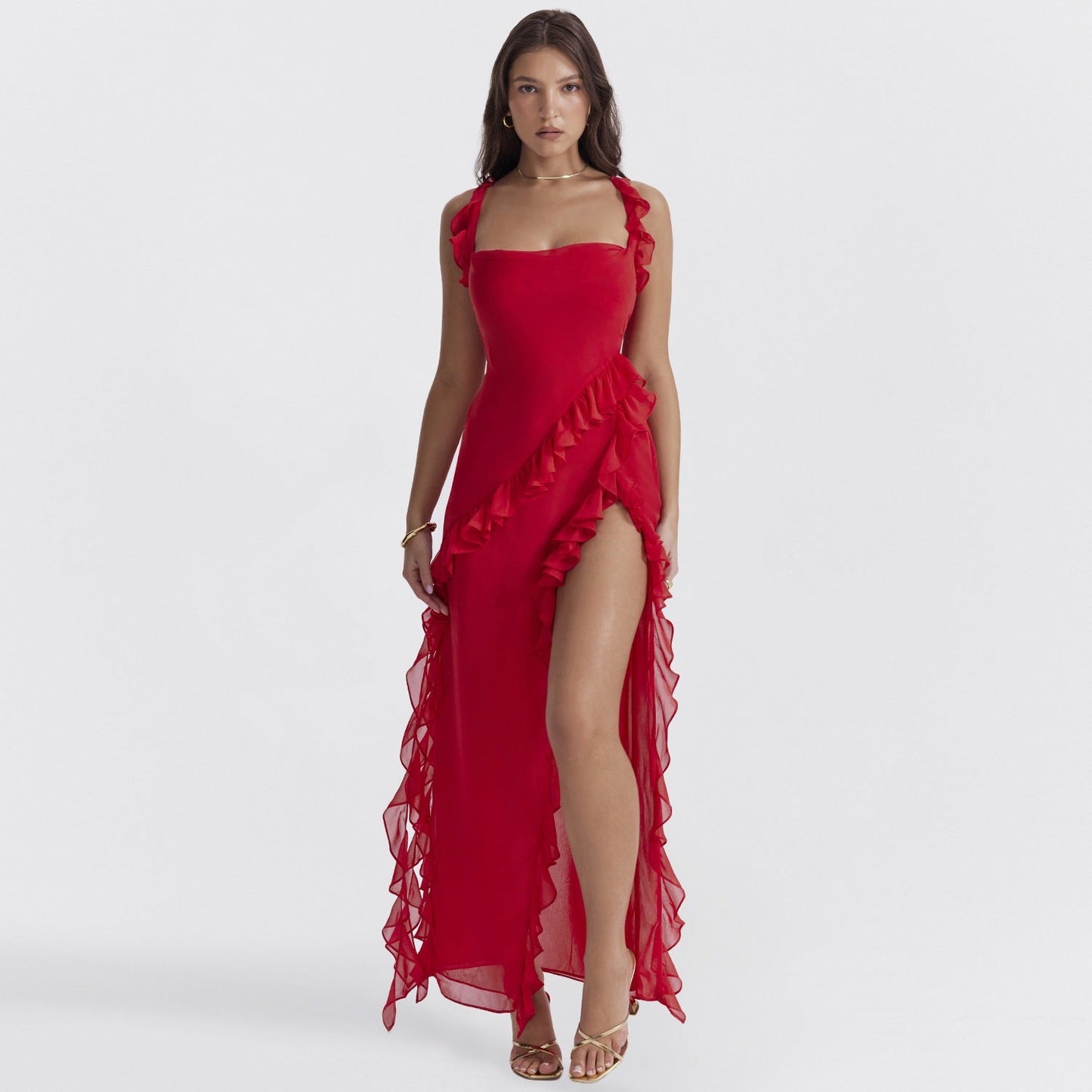 Ariela Maxi Dress – Georgette, Ruffled Straps & Side Slit