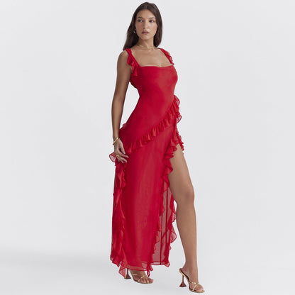 Ariela Maxi Dress – Georgette, Ruffled Straps & Side Slit