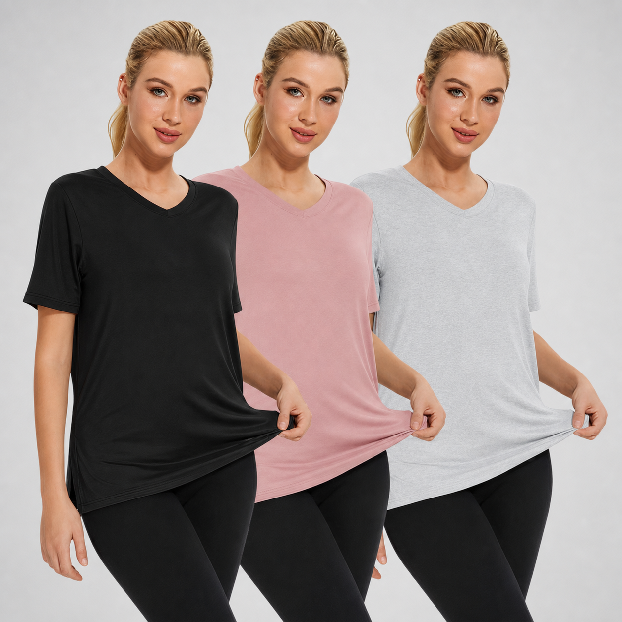 Selena Loose Fit V-Neck Tee 3-pack: Black/ Dawn Pink/ Light Gray