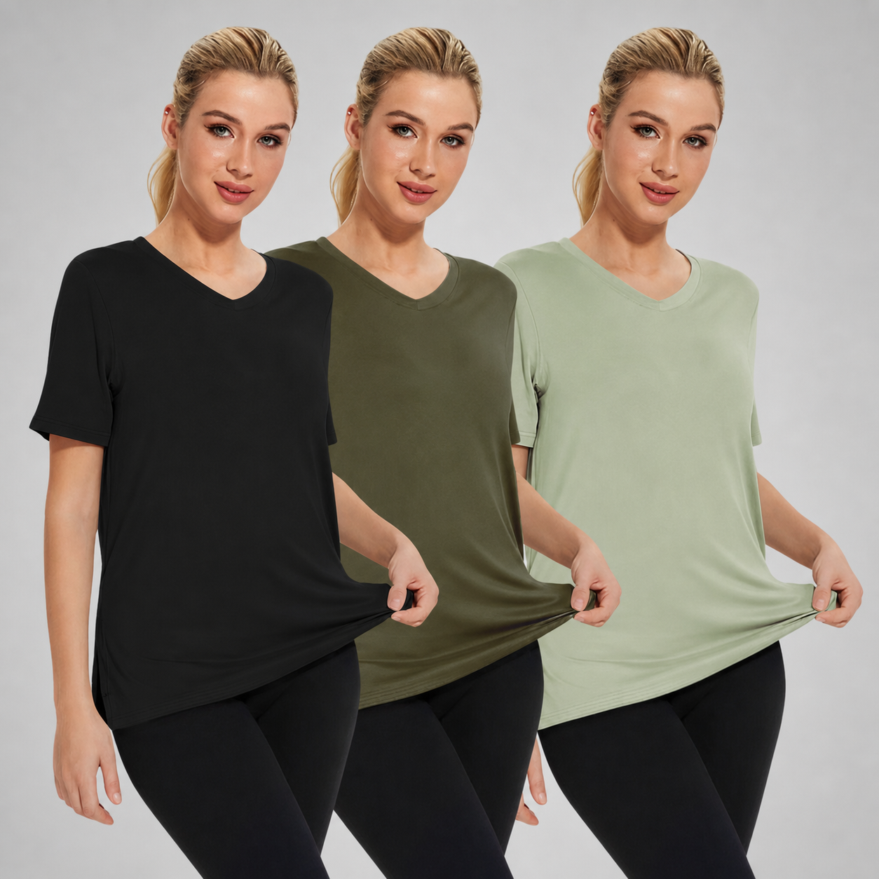 Selena Loose Fit V-Neck Tee 3-pack: Black/ Olive/ Gray Green