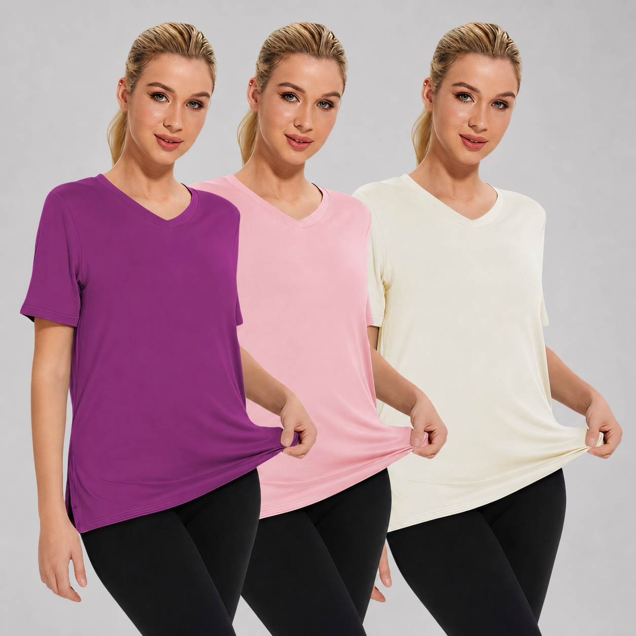 Selena Loose Fit V-Neck Tee 3-pack: Vintage Violet/ Pink/ Off-White