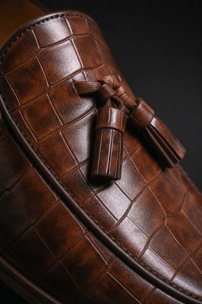 Close-up of crocodile-textured leather and leather tassel detail