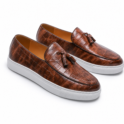 Passero Tassel Loafers in cognac brown crocodile-textured leather
