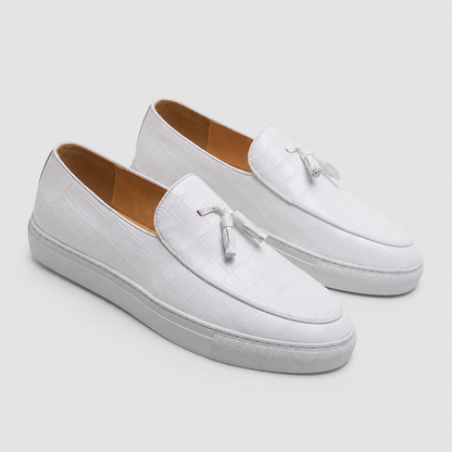 Passero Tassel Loafers in white crocodile-textured leather