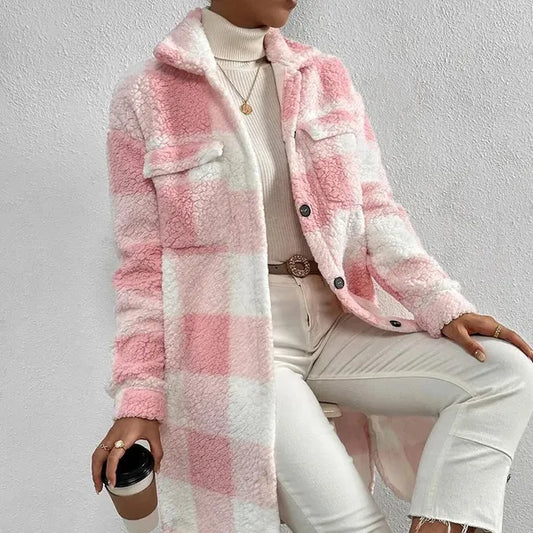 Marla Checkered Jacket – Oversized Faux Fur Plaid Knit