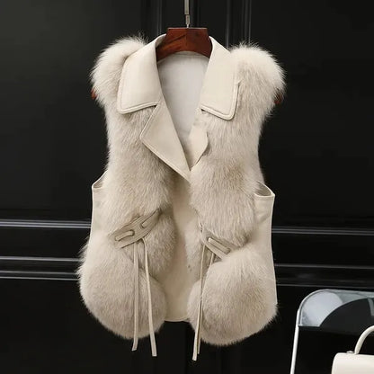 Lucia Faux Fur Vest – Leather Trim & Lapels