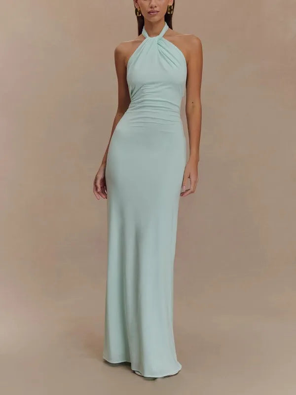 Solana Maxi Halter Dress – Ruched Open-Back Formal Gown