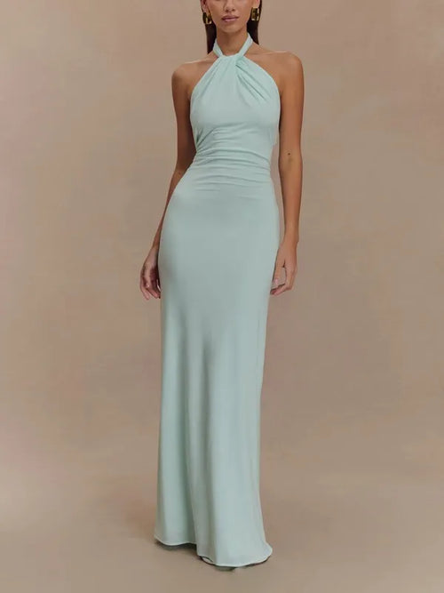 Solana Maxi Halter Dress – Ruched Open-Back Formal Gown