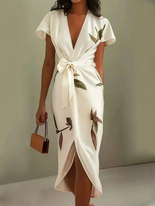 Callista Wrap Dress With Tie Belt – Leaf Print