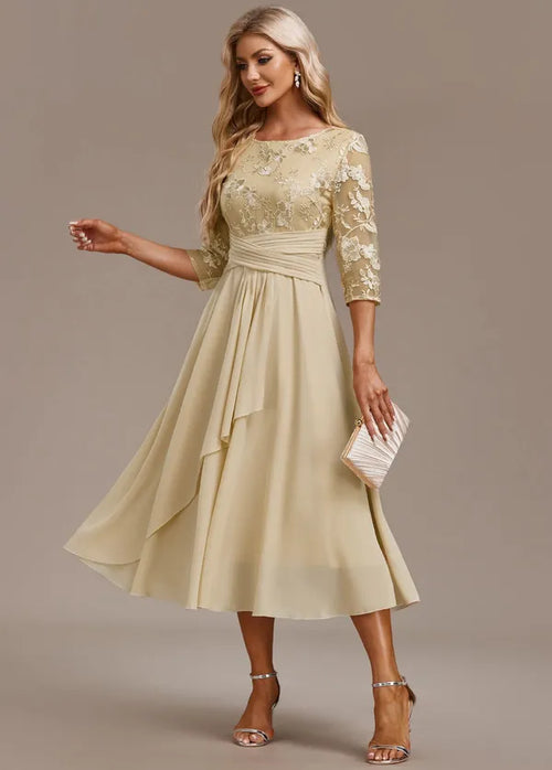 Bellamy Floral Embroidered 3/4 Sleeve Dress – Champagne