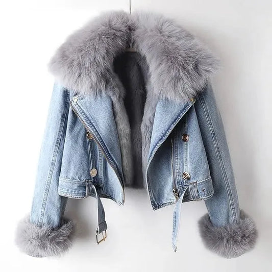 Ava Denim Jacket – Faux Fur Lined, Removable Collar