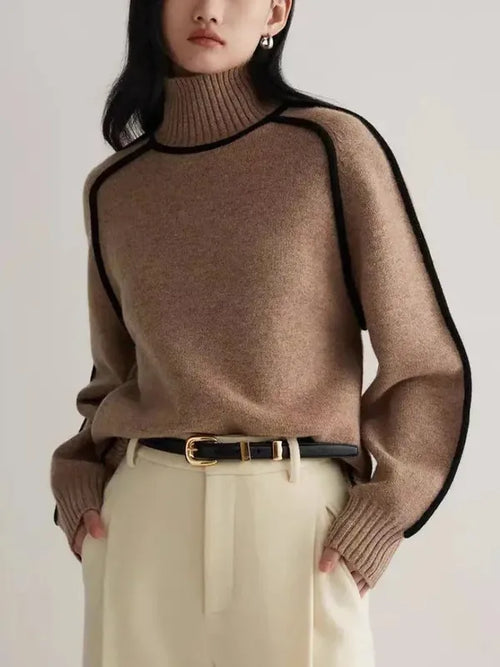 Elano Turtleneck Sweater – Contrast Seam Ribbed Knit