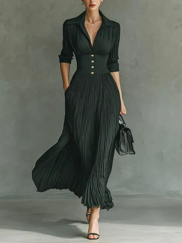 Celeste Pleated Lapel Belted Maxi Dress