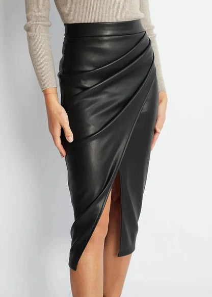 Maeve Premium Leather Midi Skirt with Front Slit