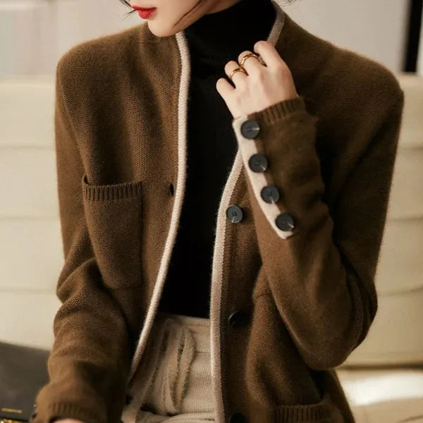 Anne Cardigan – Wool Blend Wrap with Contrast Details