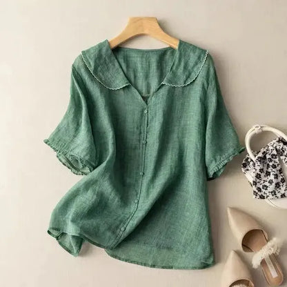 Tiara Linen Blouse – Scalloped Trim & Puff Sleeves