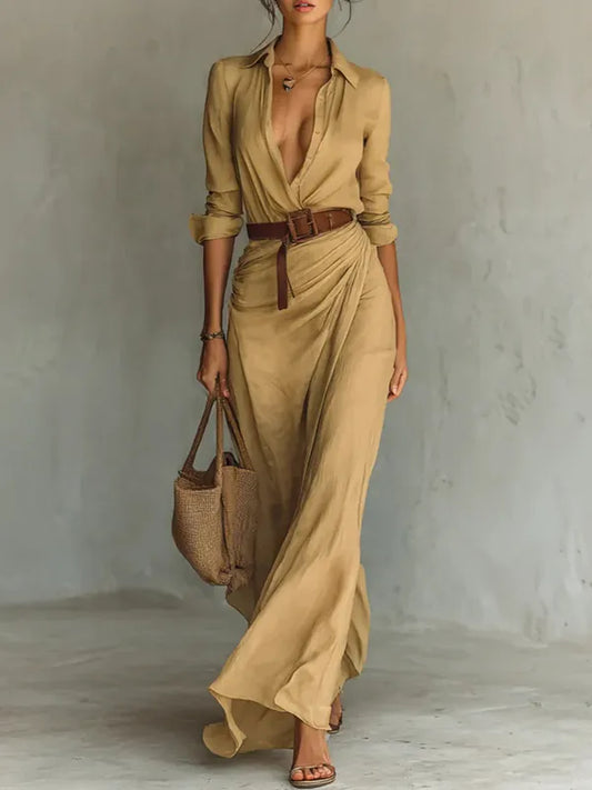 Savina Lapel Long Sleeve Belted Maxi Dress