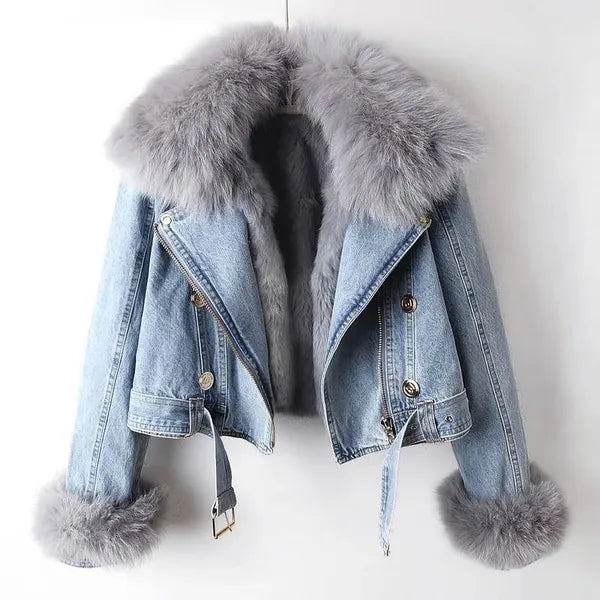 Ava Denim Jacket – Faux Fur Lined, Removable Collar