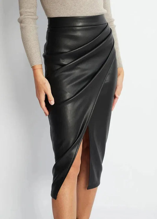 Maeve Premium Leather Midi Skirt with Front Slit