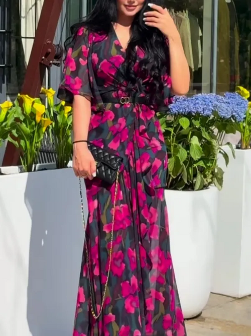 Ivora Retro Midi Dress – V-Neck & Trumpet Sleeves
