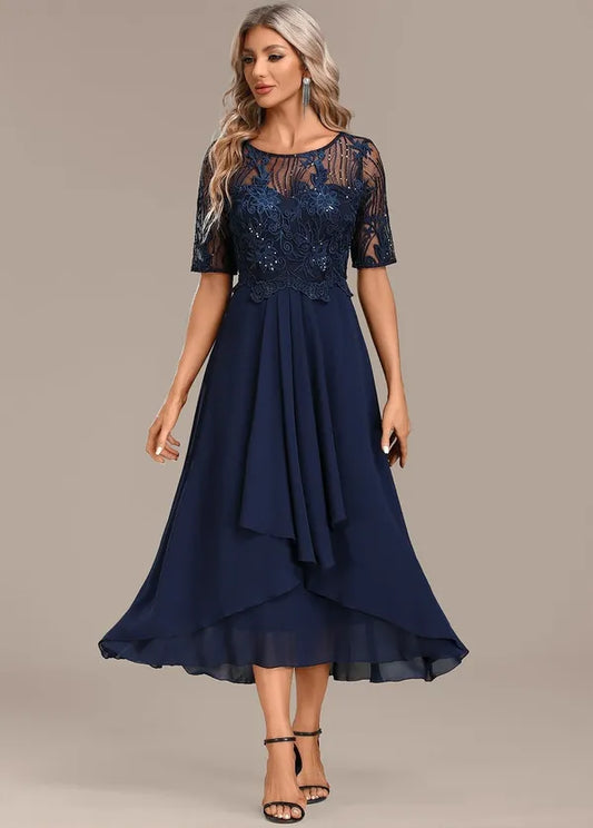 Adeline Navy Lace Short Sleeve Dress – Formal & Wedding