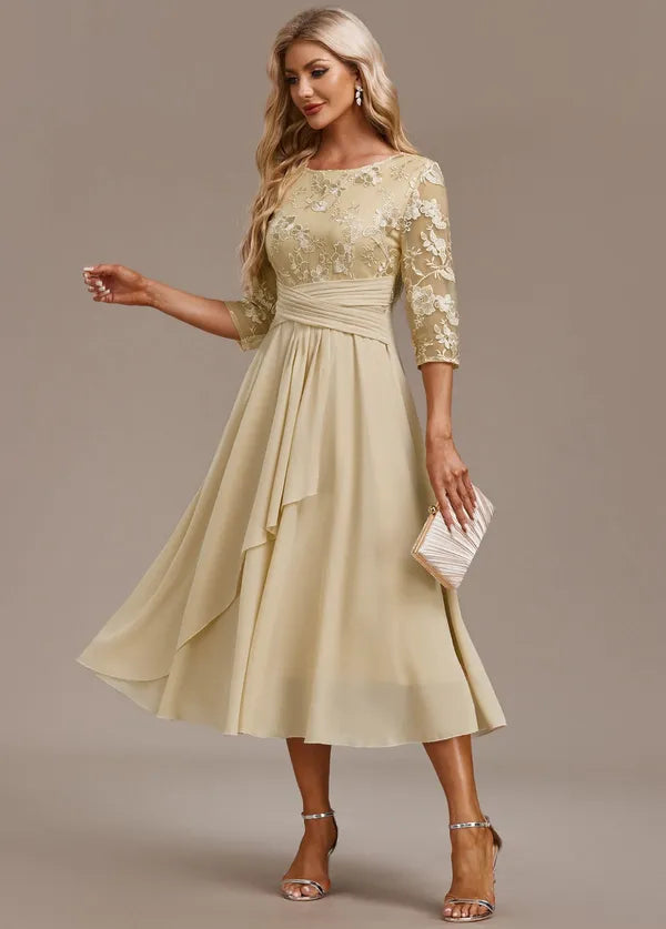 Bellamy Floral Embroidered 3/4 Sleeve Dress – Champagne