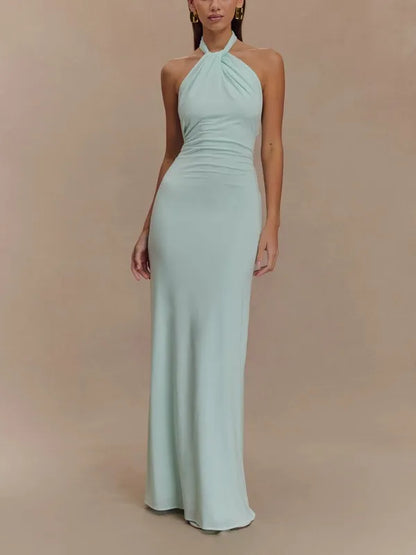 Solana Maxi Halter Dress – Ruched Open-Back Formal Gown
