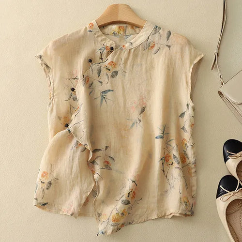 Florith Blouse – Floral Mandarin Neckline & Vintage Buttons