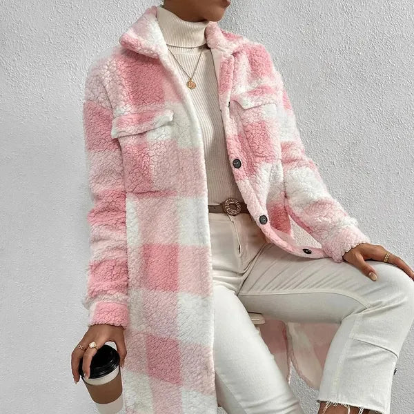 Marla Checkered Jacket – Oversized Faux Fur Plaid Knit