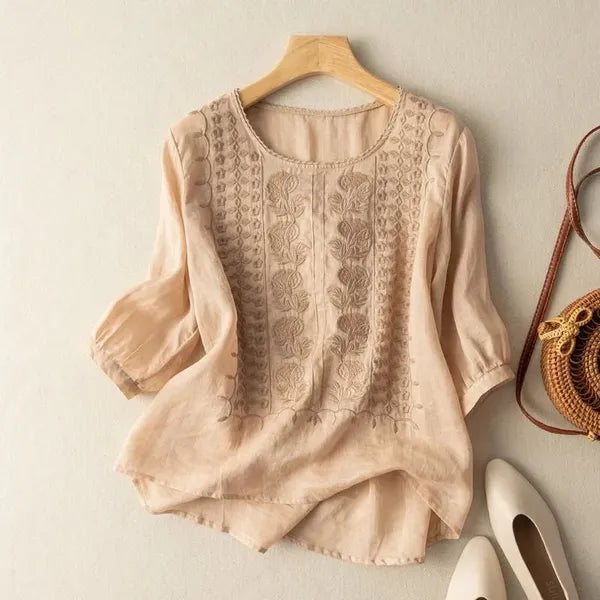Elise Blouse – Embroidered Flowy Top with Cuffed Sleeves