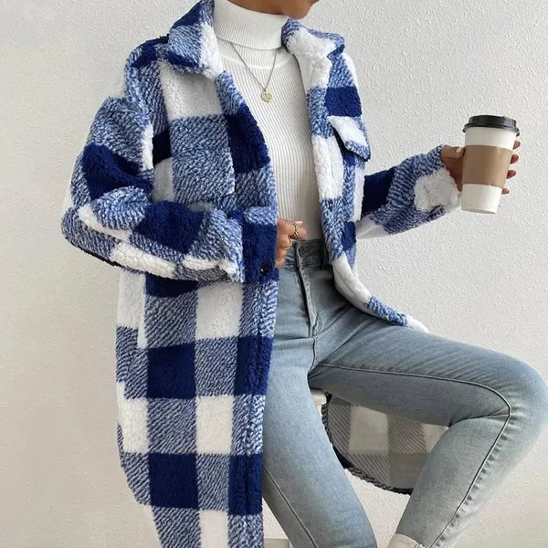 Marla Checkered Jacket – Oversized Faux Fur Plaid Knit