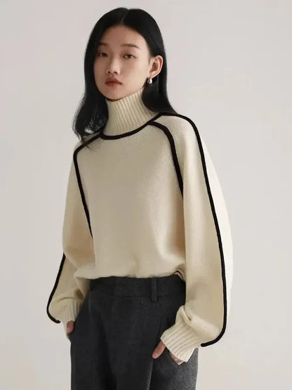 Elano Turtleneck Sweater – Contrast Seam Ribbed Knit