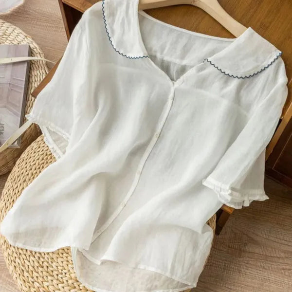 Tiara Linen Blouse – Scalloped Trim & Puff Sleeves