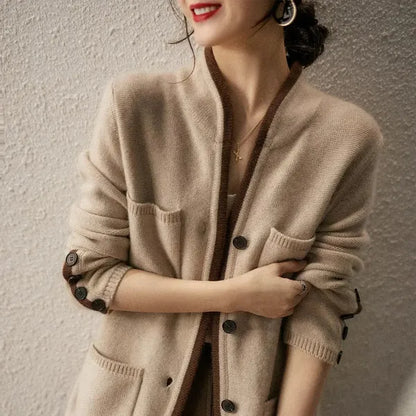 Anne Cardigan – Wool Blend Wrap with Contrast Details