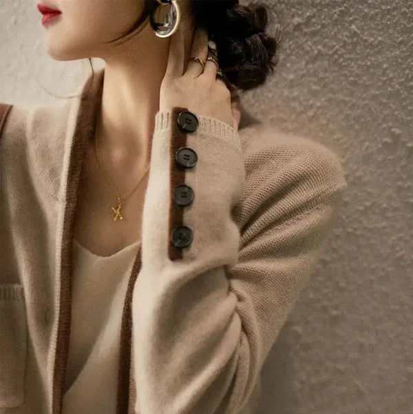 Anne Cardigan – Wool Blend Wrap with Contrast Details