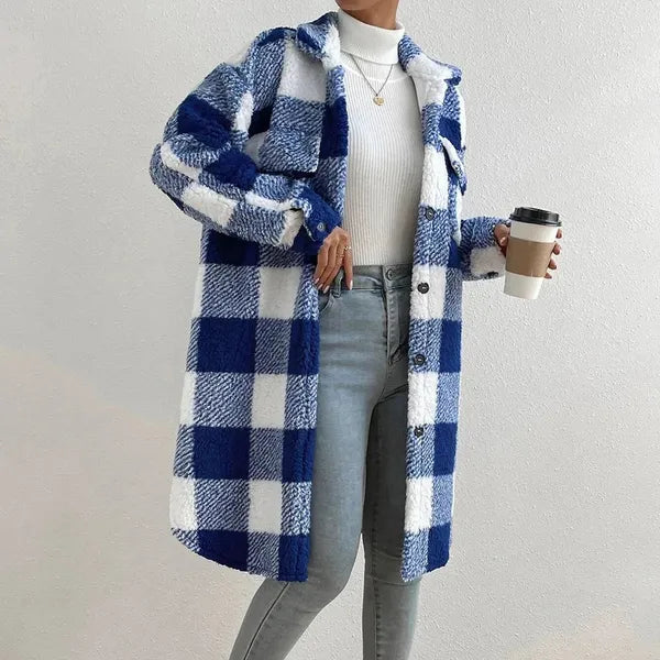 Marla Checkered Jacket – Oversized Faux Fur Plaid Knit