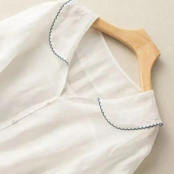 Tiara Linen Blouse – Scalloped Trim & Puff Sleeves