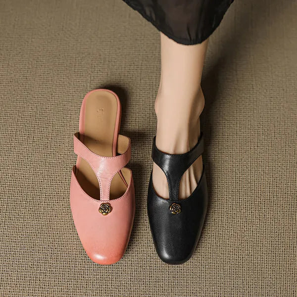 Roslyn Genuine Leather T-Strap Mules