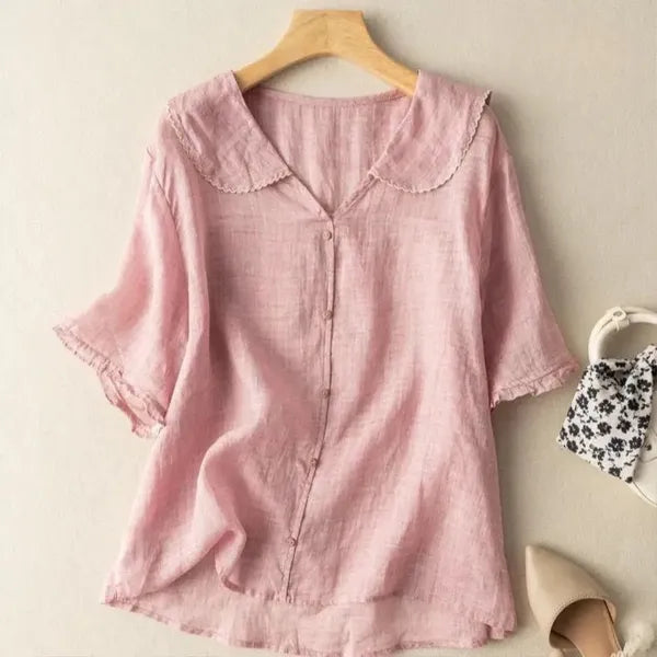 Tiara Linen Blouse – Scalloped Trim & Puff Sleeves