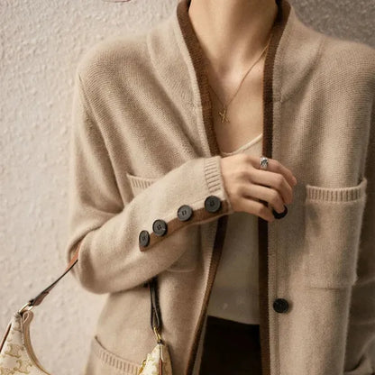 Anne Cardigan – Wool Blend Wrap with Contrast Details
