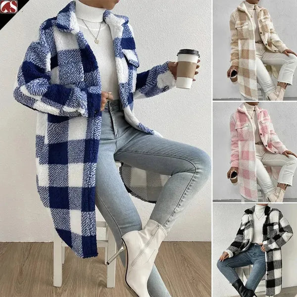 Marla Checkered Jacket – Oversized Faux Fur Plaid Knit