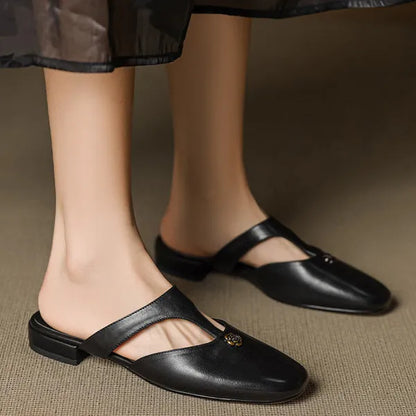 Roslyn Genuine Leather T-Strap Mules