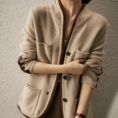 Anne Cardigan – Wool Blend Wrap with Contrast Details