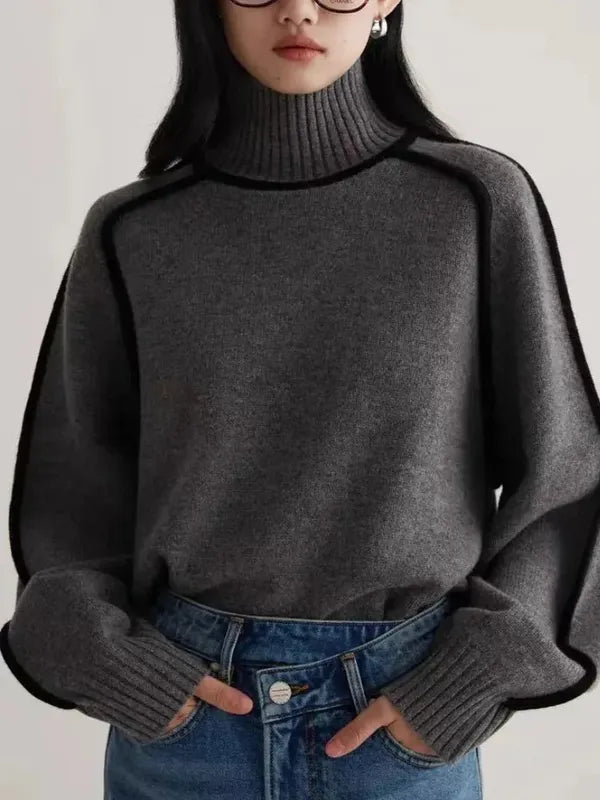 Elano Turtleneck Sweater – Contrast Seam Ribbed Knit